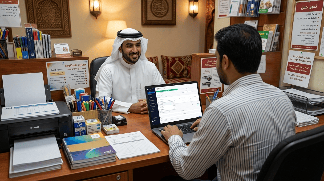 A business owner invoicing a client on a laptop running EVRST Invoice in an office