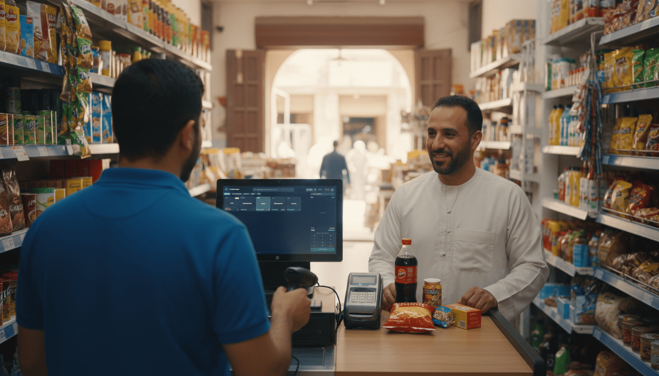 A cashier using EVRST Invoice POS at a supermarket checkout counter while serving a customer
